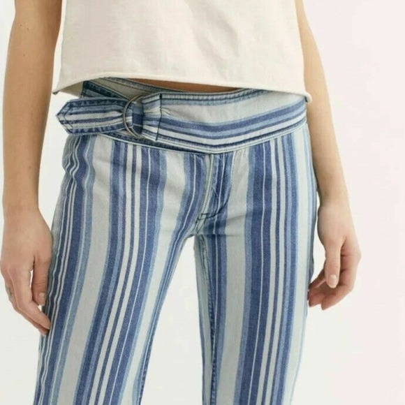 🎀 Free People We The Free Indigo Haze Journey Flare Striped Retro Jeans Sz.31 - Picture 2 of 13